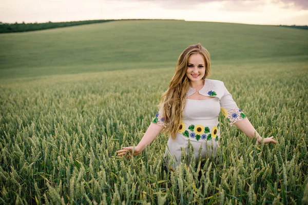 Ung flicka på ukrainska nationella klä poserade på krans field. — Stockfoto