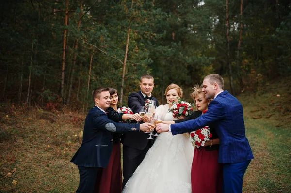 Bruidspaar met vrienden bruidsmeisjes en stalknecht drinken c — Stockfoto