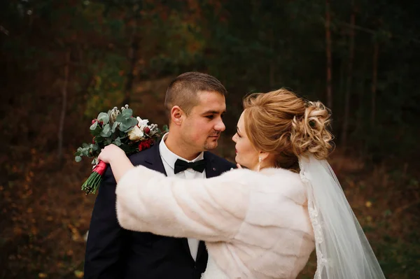 Ζευγάρι γάμος αγάπη στο φθινόπωρο ξύλο πεύκου. — Φωτογραφία Αρχείου