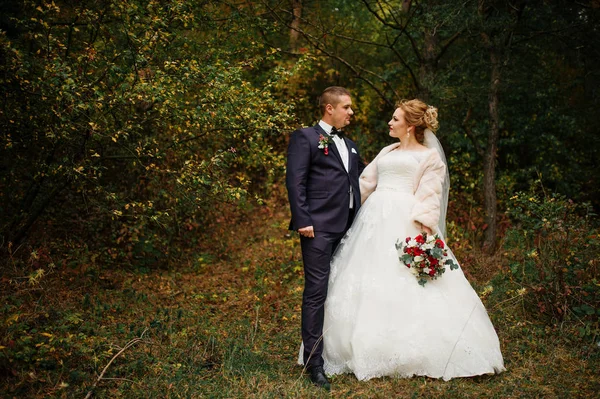 Düğün çifti, sonbahar çam ahşap aşık. — Stok fotoğraf