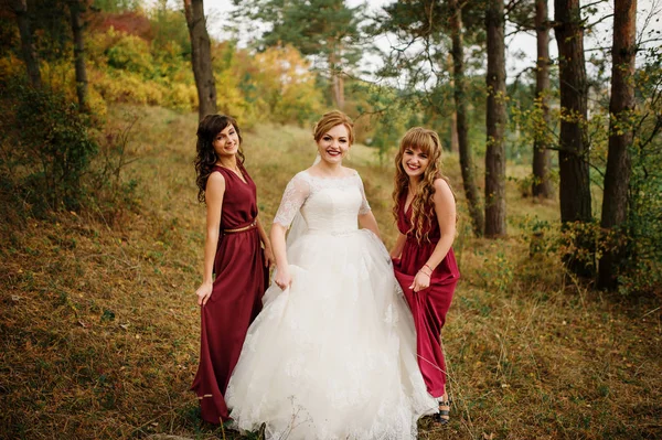 Novia con damas de honor en vestidos rojos en madera de pino de otoño . —  Fotos de Stock