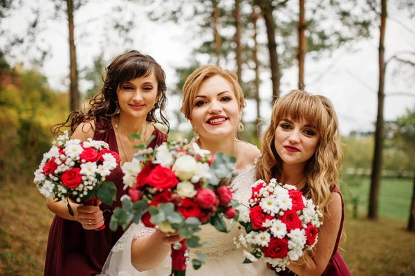 Novia con damas de honor en vestidos rojos en madera de pino de otoño . — Foto de Stock