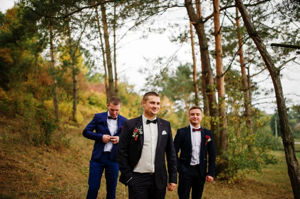 Groom with best mans on bow tie at autumn pine wood.