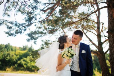 Seven genç düğün çift güneşli orman aşık.