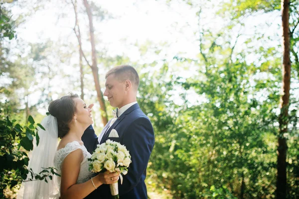 Τρυφερός νεαρός γαμήλιο ζεύγος στο αγάπη στο ηλιόλουστο δάσος. — Φωτογραφία Αρχείου