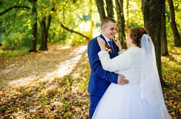 Sarı izni ile sonbahar orman sarılma sevgi dolu evlilik çift — Stok fotoğraf