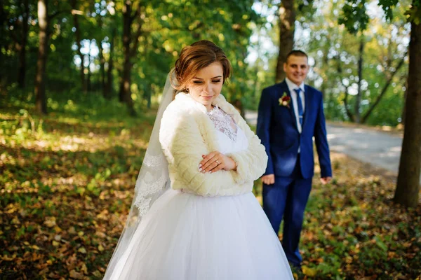 Loving wedding couple hugging at autumn forest with yellow leave — Stock Photo, Image