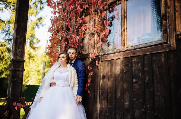 Wedding couple against old wooden house with red leaves on his. — Stock Photo, Image