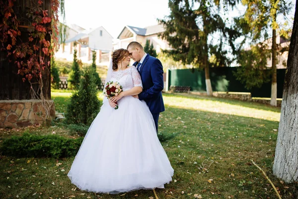 Esküvő a pár a szerelem átölelve a napsütéses őszi napon. — Stock Fotó