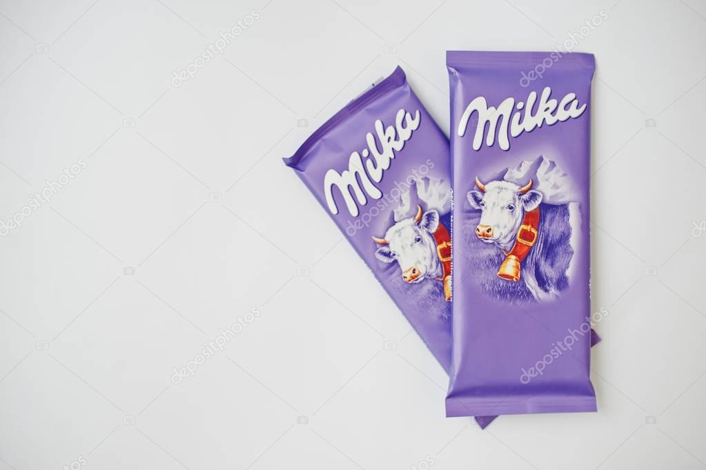 Dusseldorf, Germany - February 18, 2017: Two chocolates Milka on white background.