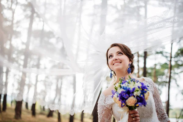 Amazing brunette bride with veil and blue wedding bouquet at pin — Stock Photo, Image