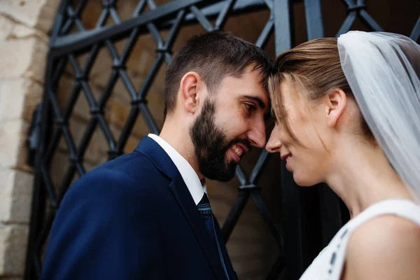 Wedding couple near old wrought iron gates. — Stock Photo, Image