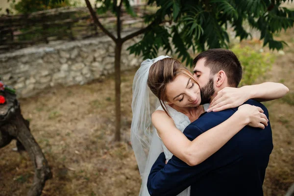 Brudgummen kyssa bruden på halsen bakgrund trä stubbe med bröllop — Stockfoto