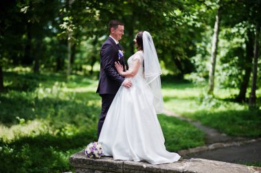 Muhteşem Düğün çifti aşık yeşil park arka plan.