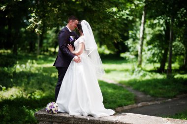 Muhteşem Düğün çifti aşık yeşil park arka plan.