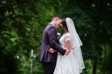 Muhteşem Düğün çifti aşık yeşil park arka plan.