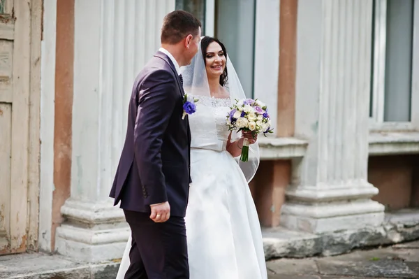 Solid wedding couple background old building with columns. — Stock Photo, Image