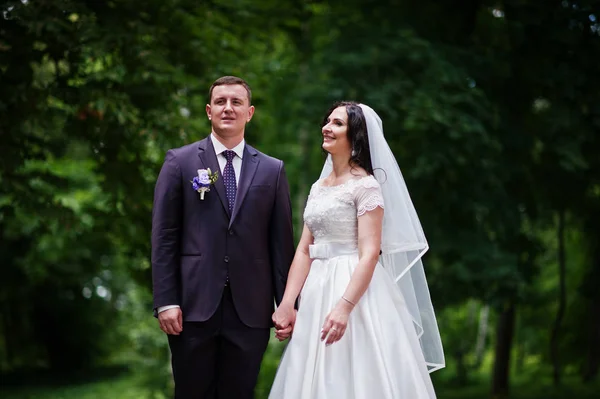 华丽的婚礼夫妇背景绿色公园中的爱. — 图库照片