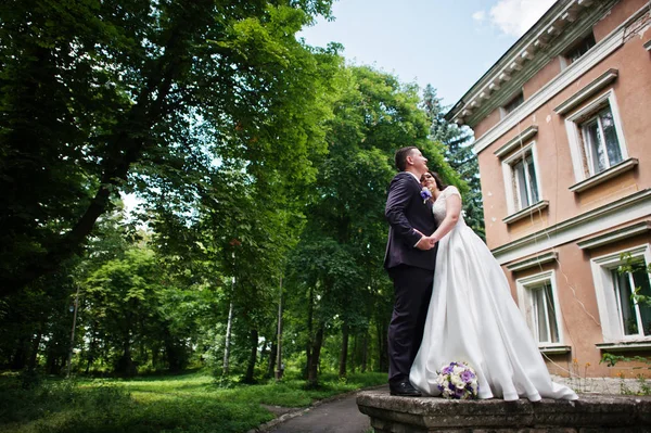 Prachtige bruidspaar achtergrond groen park in liefde. — Stockfoto