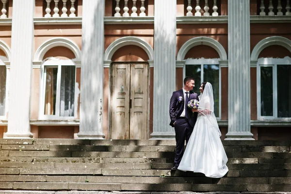 Solid wedding couple background old building with columns. — Stock Photo, Image