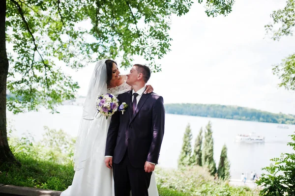 Loving wedding couple hugging backgroun landscape with lake. — Stock Photo, Image