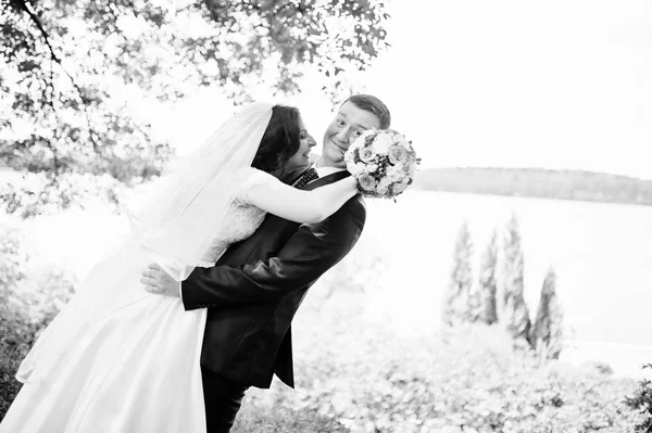 Amare coppia di nozze abbracciando backgroun paesaggio con lago. Bla — Foto Stock