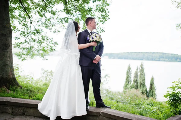 Loving wedding couple hugging backgroun landscape with lake. — Stock Photo, Image