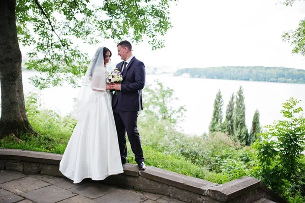 Loving wedding couple hugging backgroun landscape with lake. — Stock Photo, Image