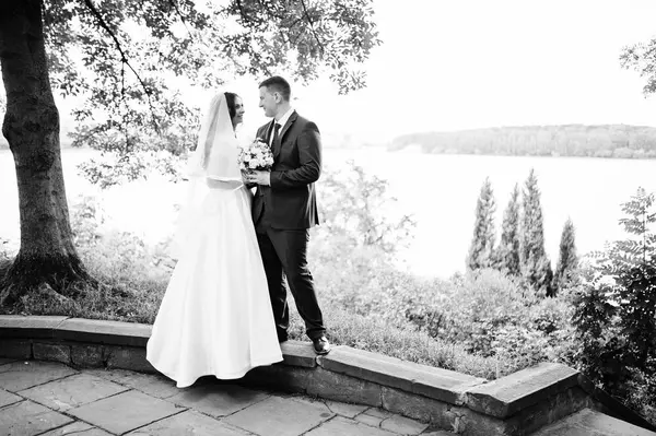 Aimant couple de mariage embrassant paysage backgroun avec lac. Bla ! — Photo