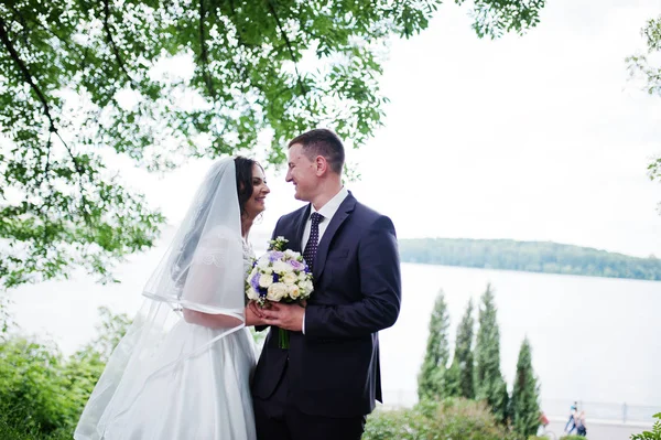 Szerető esküvői pár átölelve háttere táj a lake. — Stock Fotó