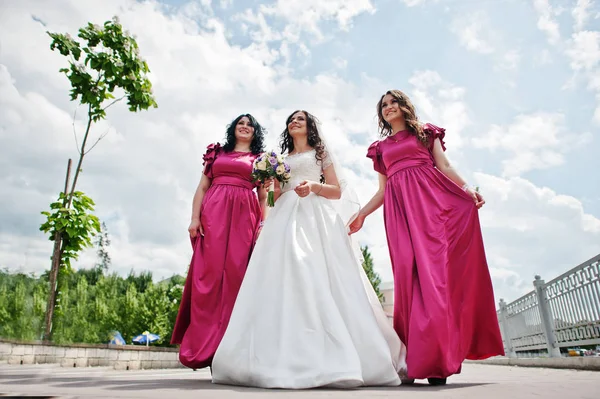 Novia caminando y divirtiéndose con encantadoras damas de honor en rosa d — Foto de Stock