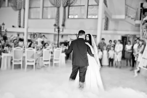 Awesome eerste huwelijk dans met rook en roze paars lichten. B — Stockfoto
