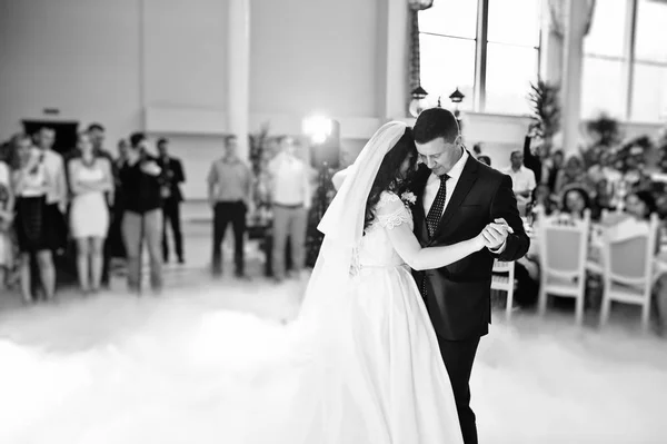 Impressionante primeira dança de casamento com fumaça e rosa luzes roxas. B — Fotografia de Stock