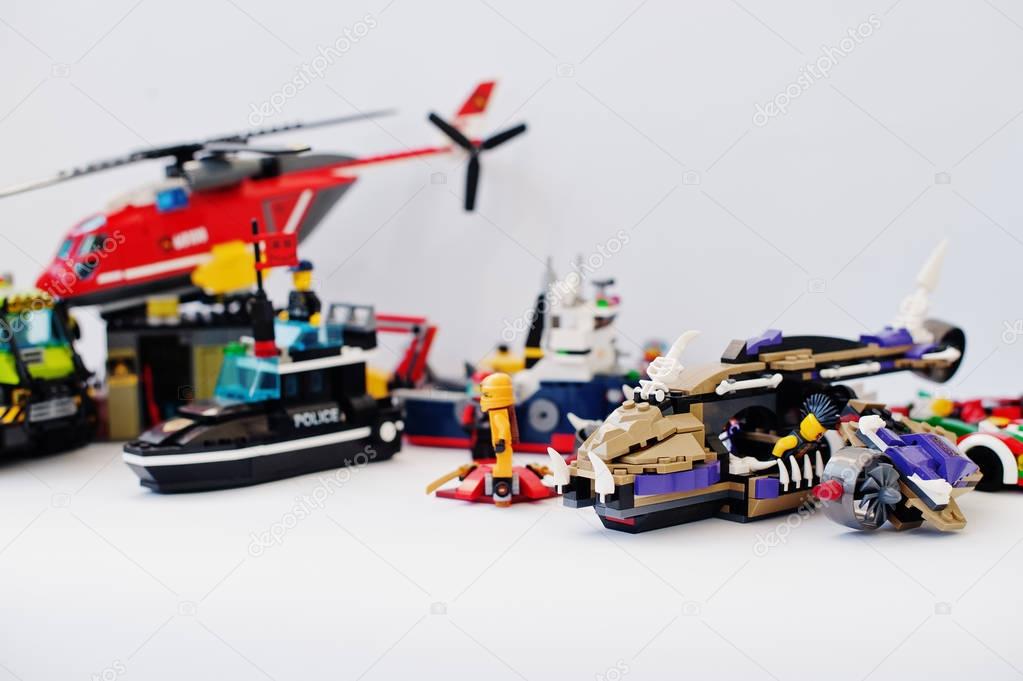 Hai, Ukraine - March 1, 2017: Different toys from Lego blocks. Lego is a popular line of construction toys manufactured by the Lego Group.
