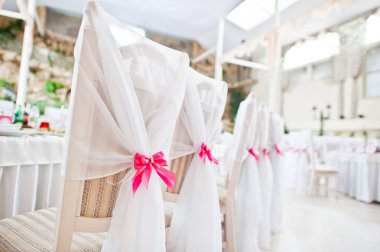 Düğün Misafir sandalyesi düğün Salonu'nda pembe kurdeleler ile.