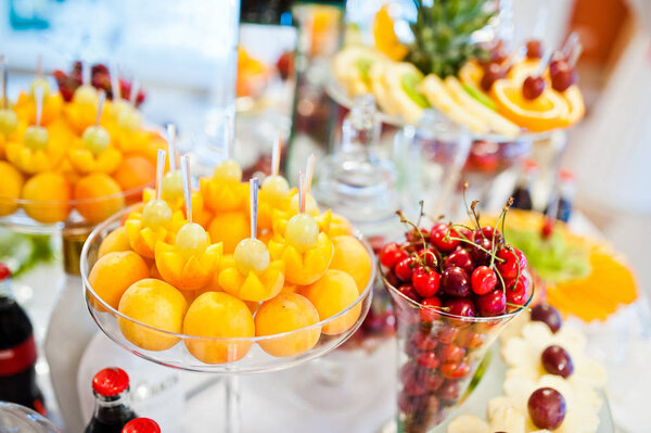 Different fruits with apricot and cherry at catering wedding rec