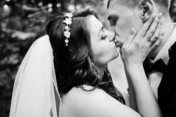 Közelkép a fiatal stílusos esküvői pár csók a szerelem, a park — Stock Fotó