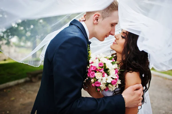 Primo piano di baciare i giovani sposi alla moda innamorati al parco — Foto Stock
