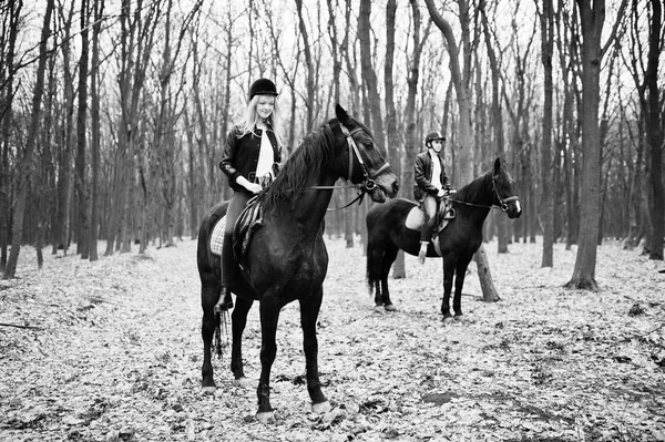 Casal elegante jovem montando em cavalos na floresta de outono. Preto e... — Fotografia de Stock