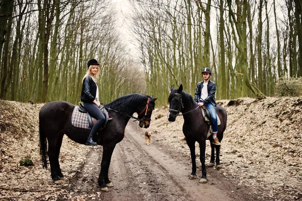 Jong stijlvolle koppel rijden op paarden op herfst bos. — Stockfoto