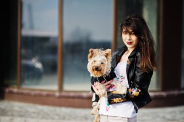 Yorkshire terrier köpek ile esmer Çingene Kız lar karşı poz verdi.