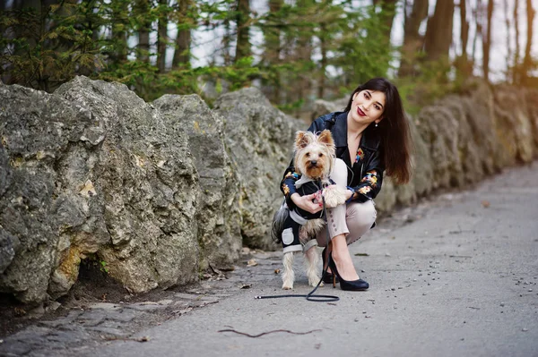 Brünettes Zigeunermädchen posierte mit Hund aus dem Hause York Terrier gegen sto — Stockfoto