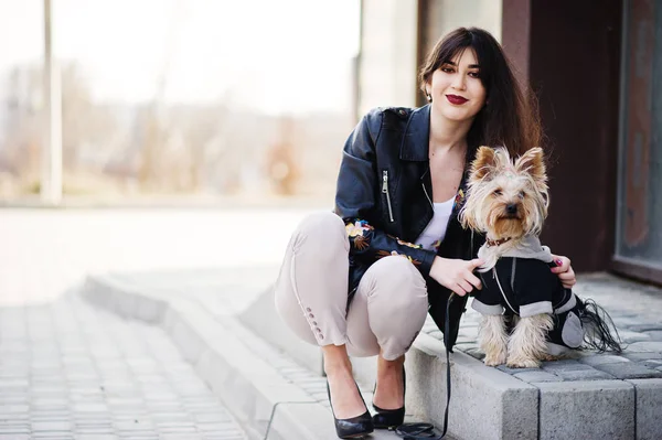 Brunett gypsy girl med yorkshire terrier hund ställde mot lar — Stockfoto