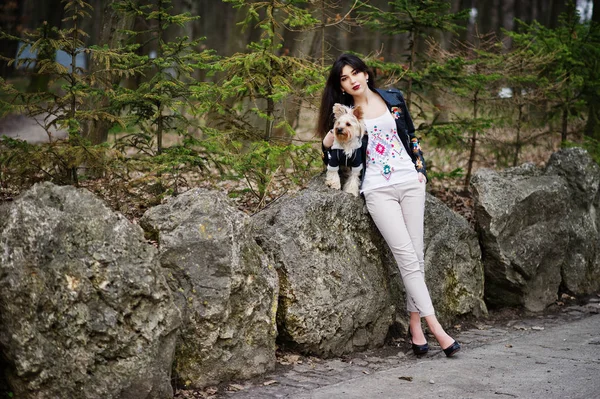 Brunett gypsy girl med yorkshire terrier hund ställde mot sto — Stockfoto