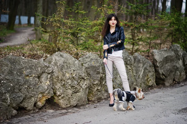 Brunett gypsy girl med yorkshire terrier hund ställde mot sto — Stockfoto