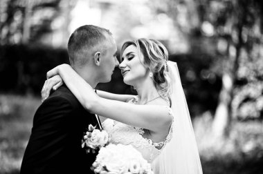 Şık Düğün çifti güneşli weddin üzerinde yeşil park sarılma