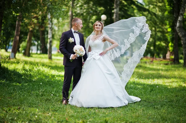 Модная свадебная пара обнимается в зеленом парке на солнечной свадьбе — стоковое фото