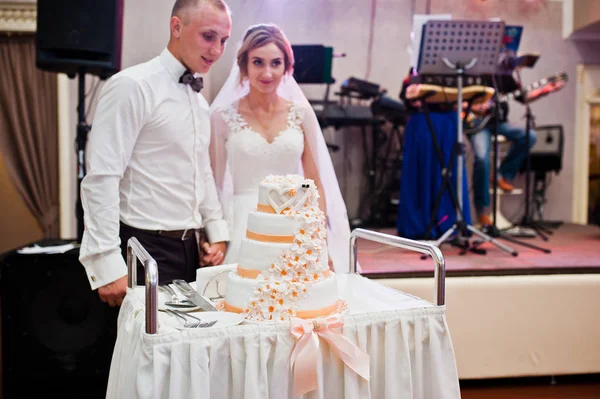 Casamento casal cortar seu bolo de casamento na pista de dança . — Fotografia de Stock