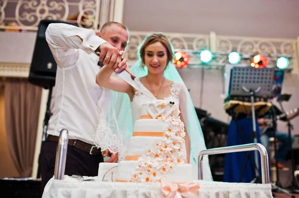 結婚のカップルがダンスフロアで、ウェディング ケーキをカット. — ストック写真