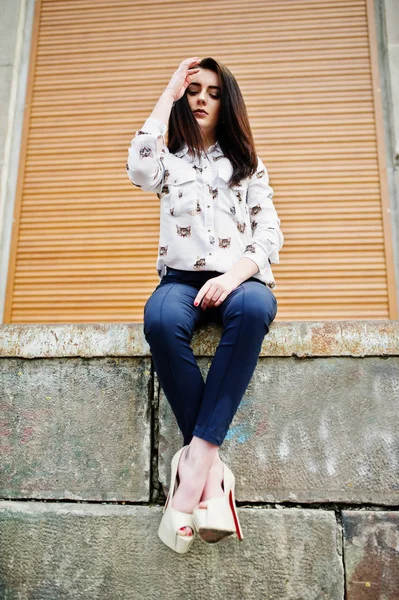 Ung snygg brunett flicka på skjorta, byxor och höga klackar skor — Stockfoto
